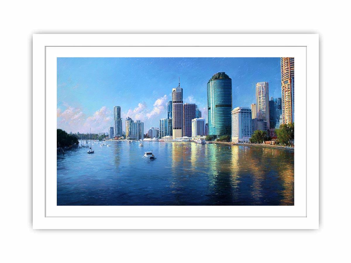Modern riverside skyline day artwork for elegant living room decor