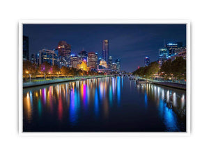City skyline river night artwork for elegant living room decor