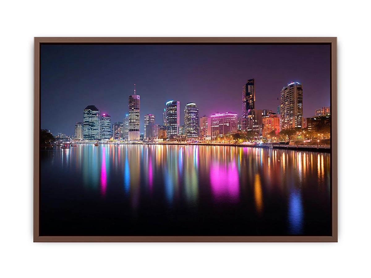 Night city skyline canvas art with neon river reflections for modern living room decor.