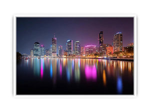Night city skyline canvas art with neon river reflections for modern living room decor.