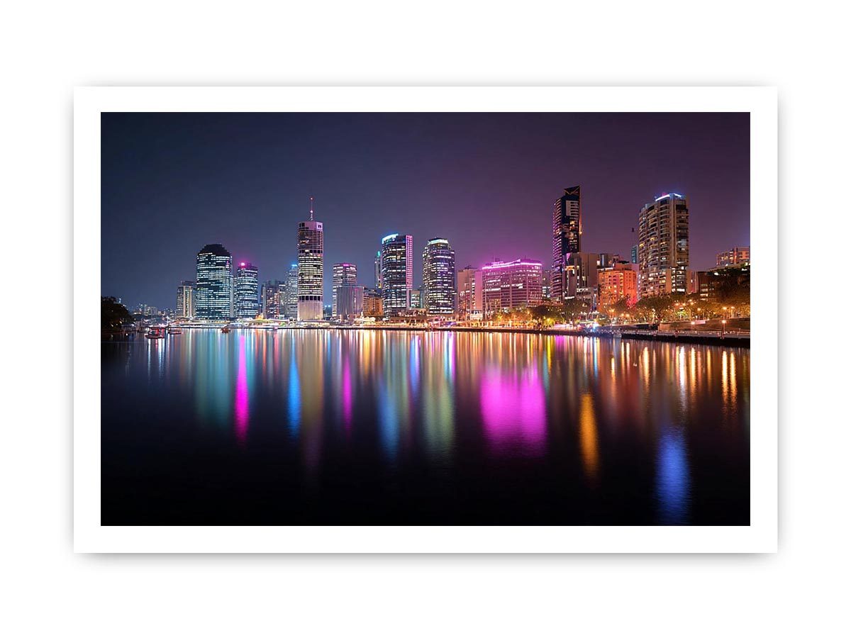 Night city skyline canvas art with neon river reflections for modern living room decor.