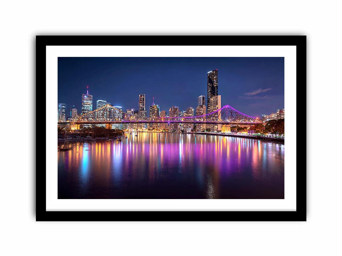 Illuminated bridge and city skyline canvas art for contemporary living room decor.