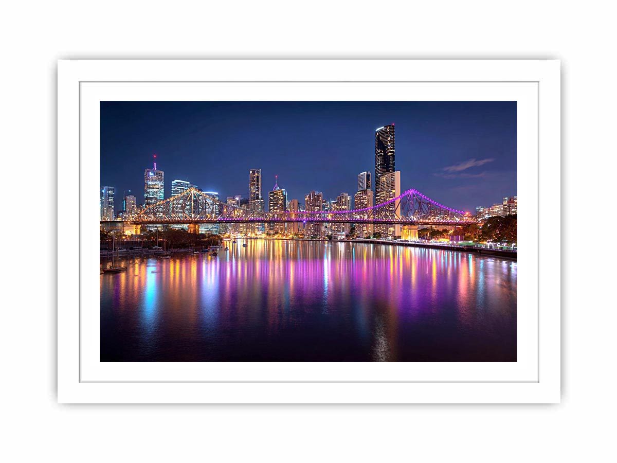 Illuminated bridge and city skyline canvas art for contemporary living room decor.
