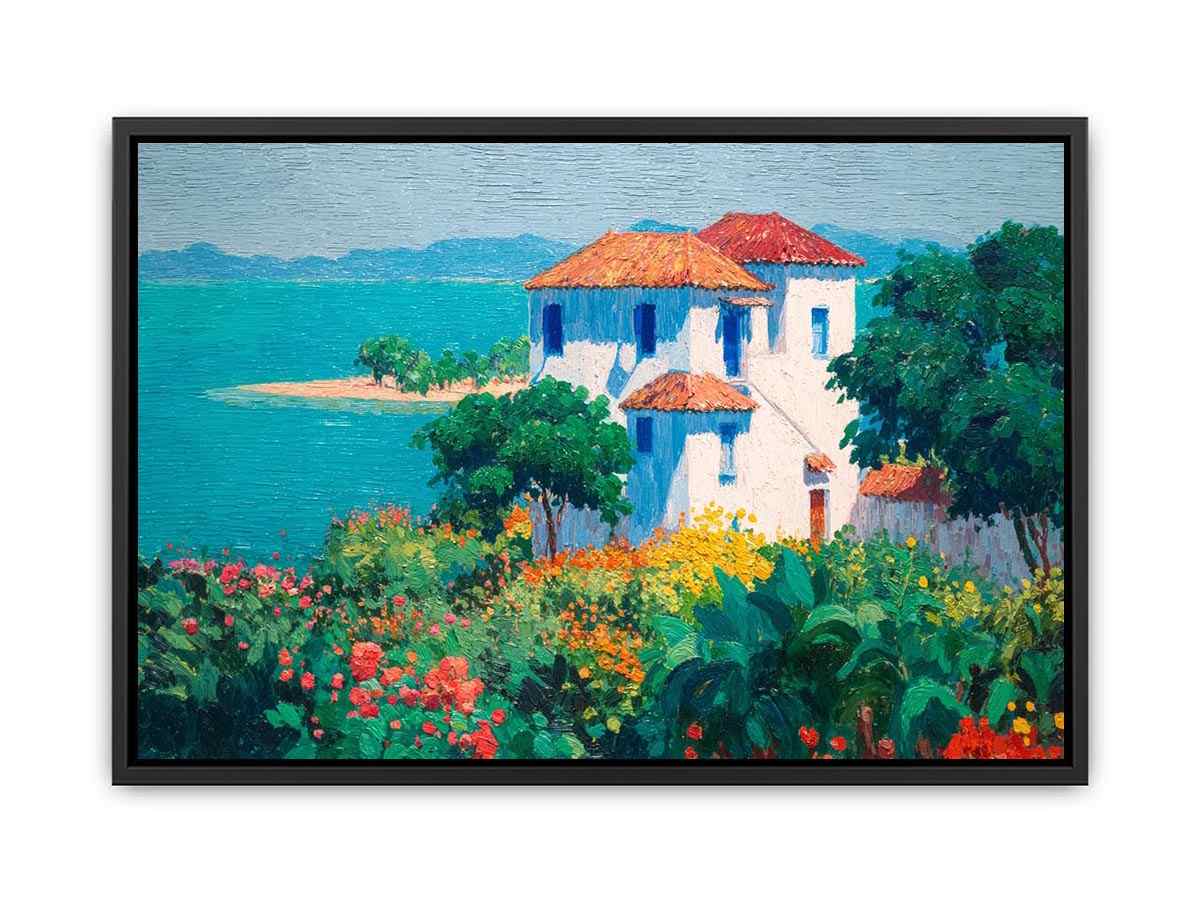 Mediterranean villa canvas art with flowers and turquoise sea for elegant home decor.