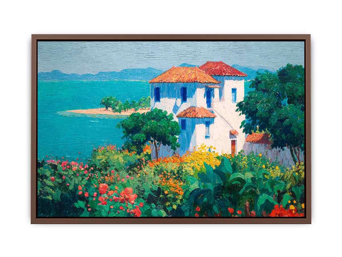 Mediterranean villa canvas art with flowers and turquoise sea for elegant home decor.