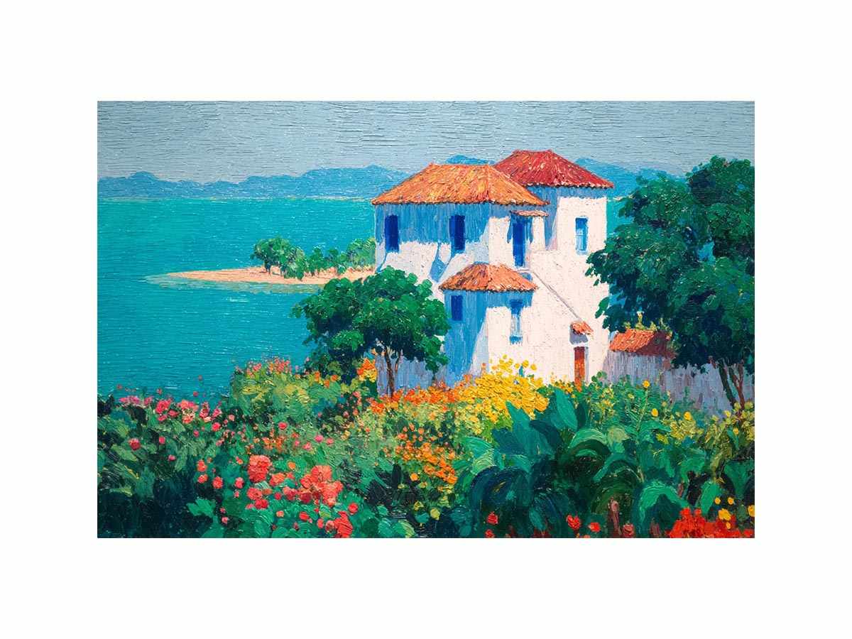 Mediterranean villa canvas art with flowers and turquoise sea for elegant home decor.