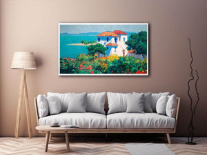 Mediterranean villa canvas art with flowers and turquoise sea for elegant home decor.