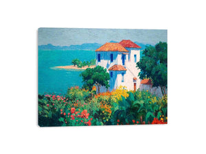 Mediterranean villa canvas art with flowers and turquoise sea for elegant home decor.