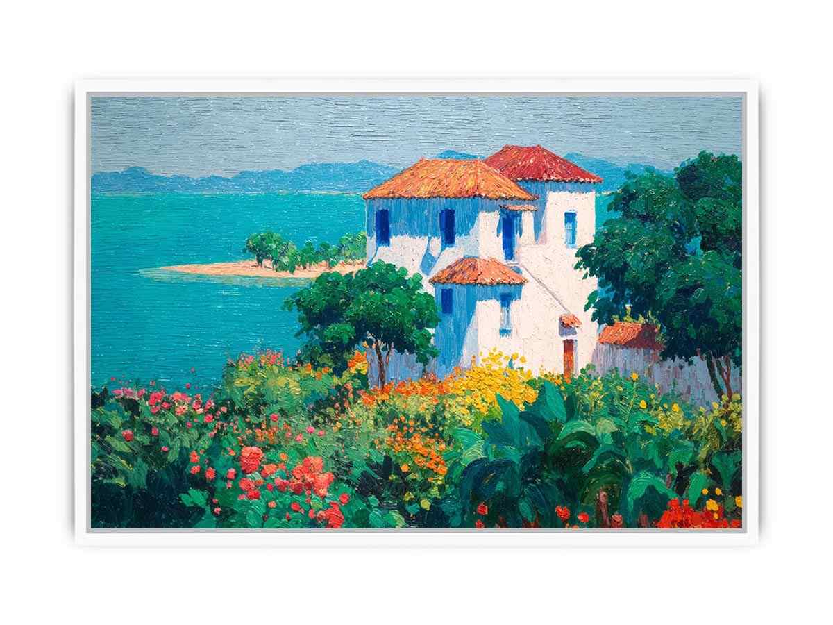 Mediterranean villa canvas art with flowers and turquoise sea for elegant home decor.