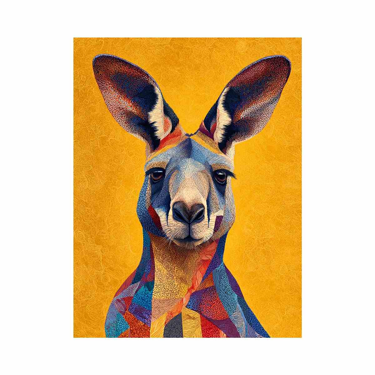 Colourful kangaroo portrait canvas art for bold Australian modern home decor.