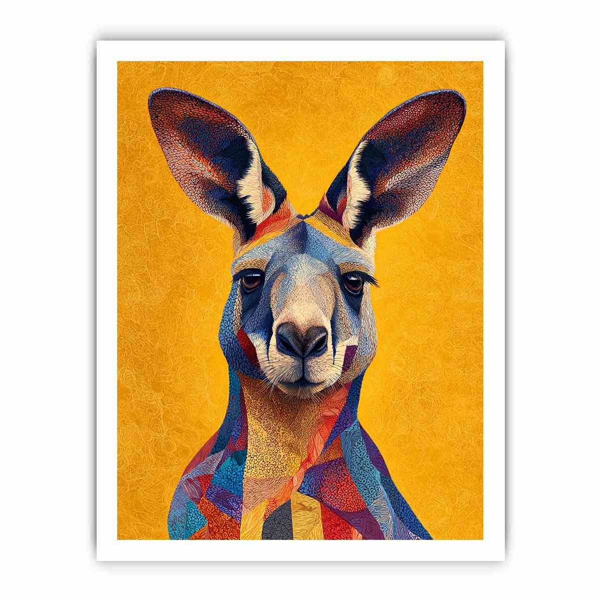 Colourful kangaroo portrait canvas art for bold Australian modern home decor.