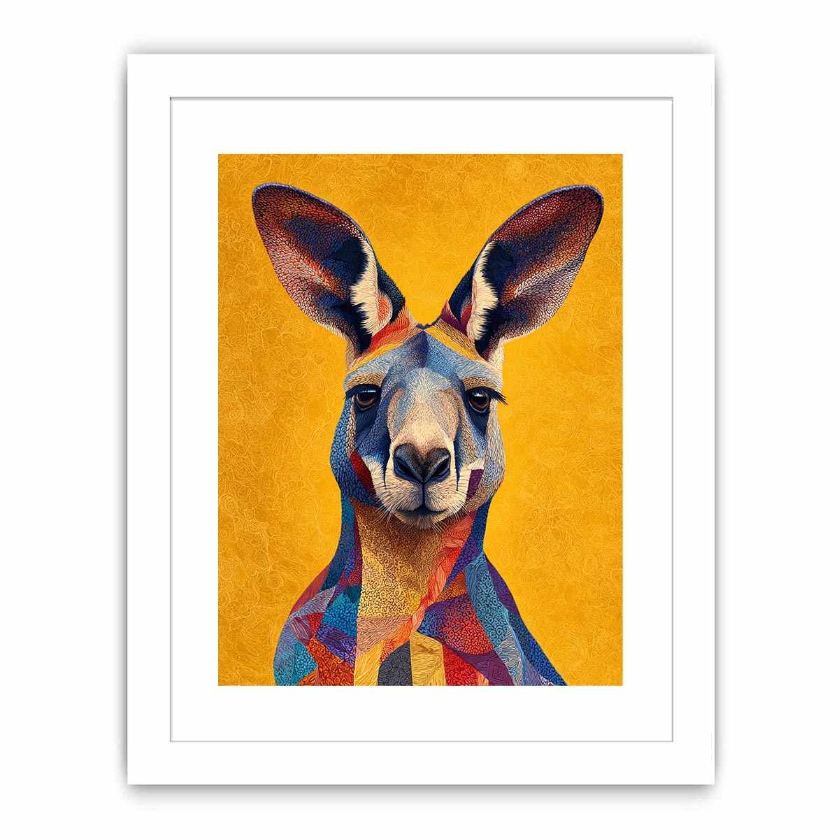 Colourful kangaroo portrait canvas art for bold Australian modern home decor.