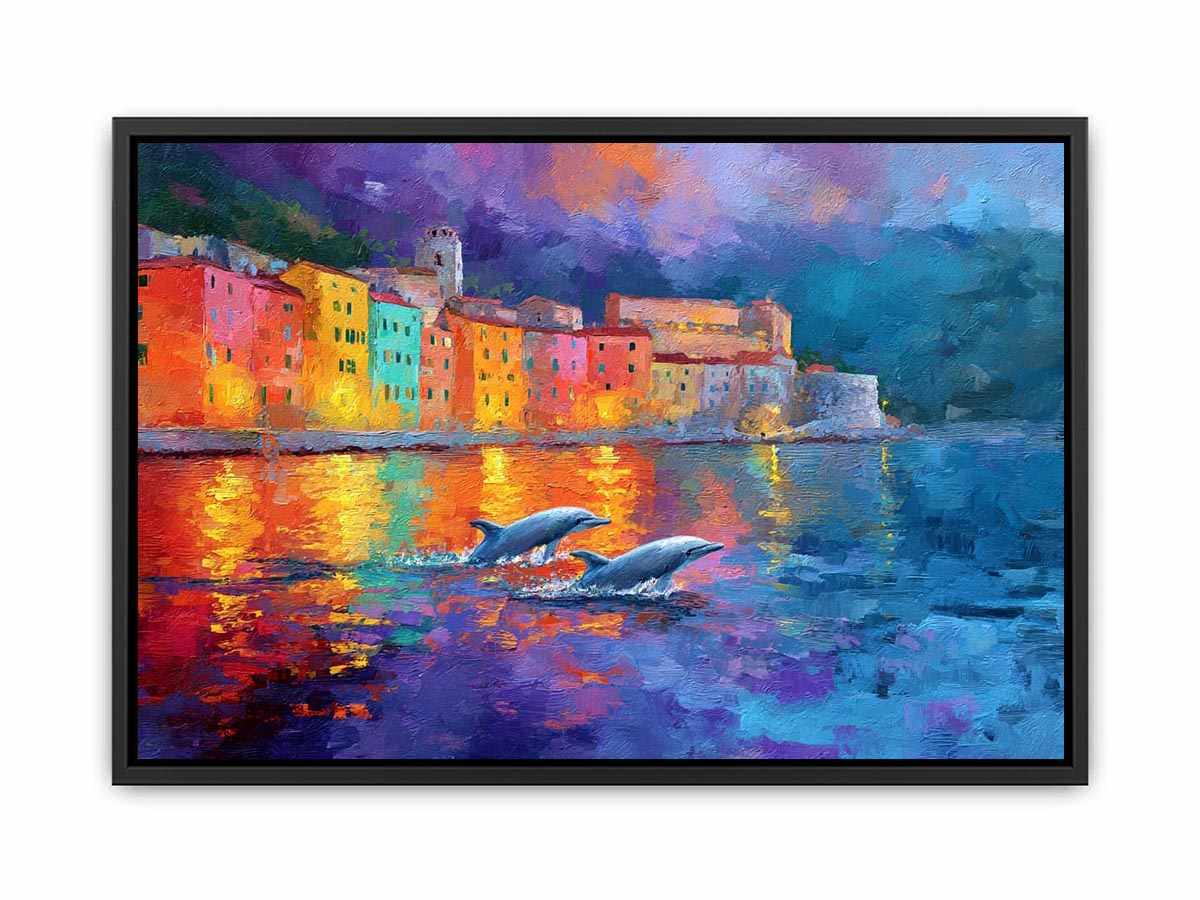 Colourful dolphin harbour canvas art with seaside reflections for coastal home decor.
