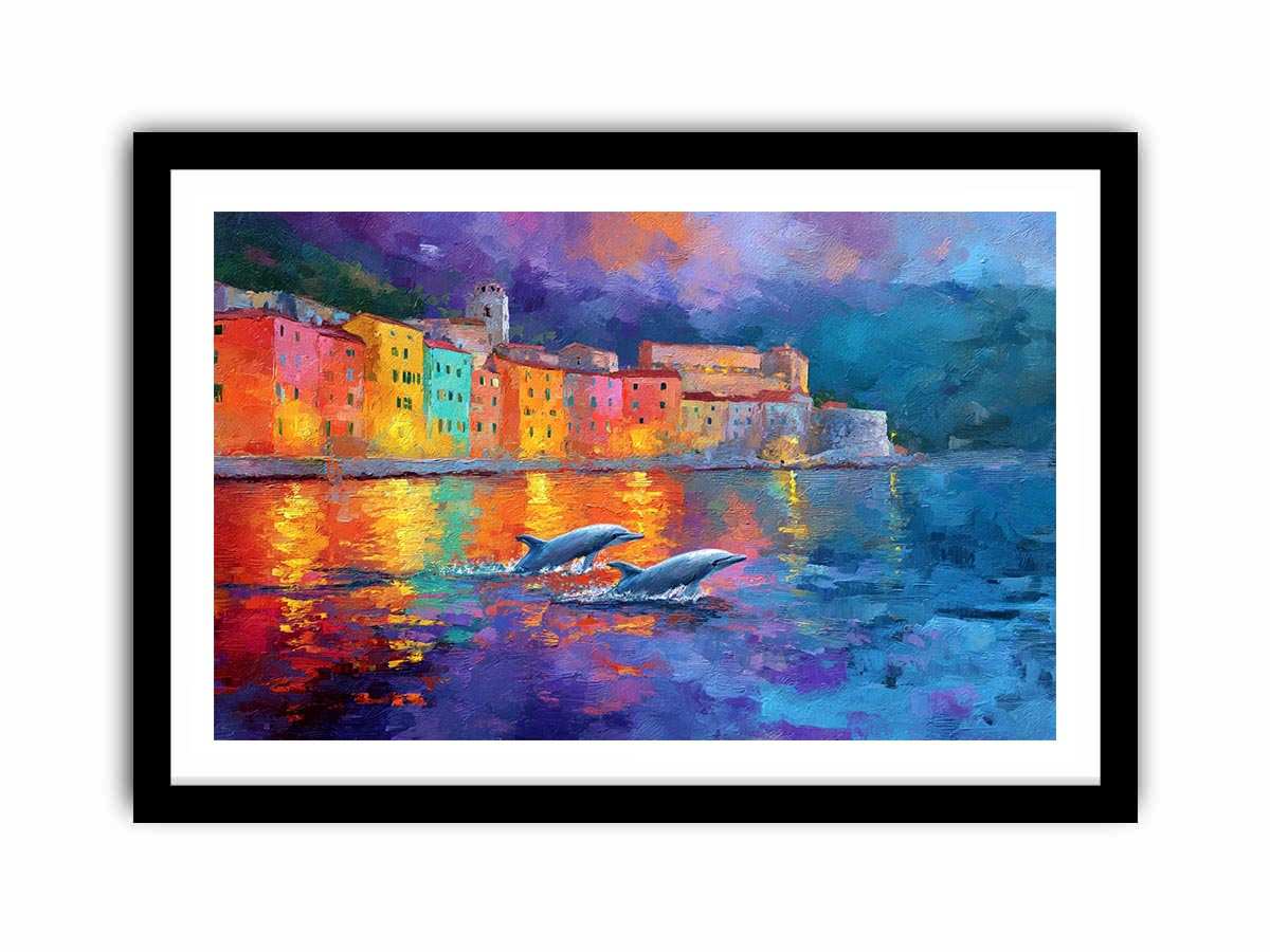 Colourful dolphin harbour canvas art with seaside reflections for coastal home decor.