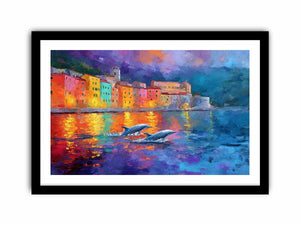 Colourful dolphin harbour canvas art with seaside reflections for coastal home decor.