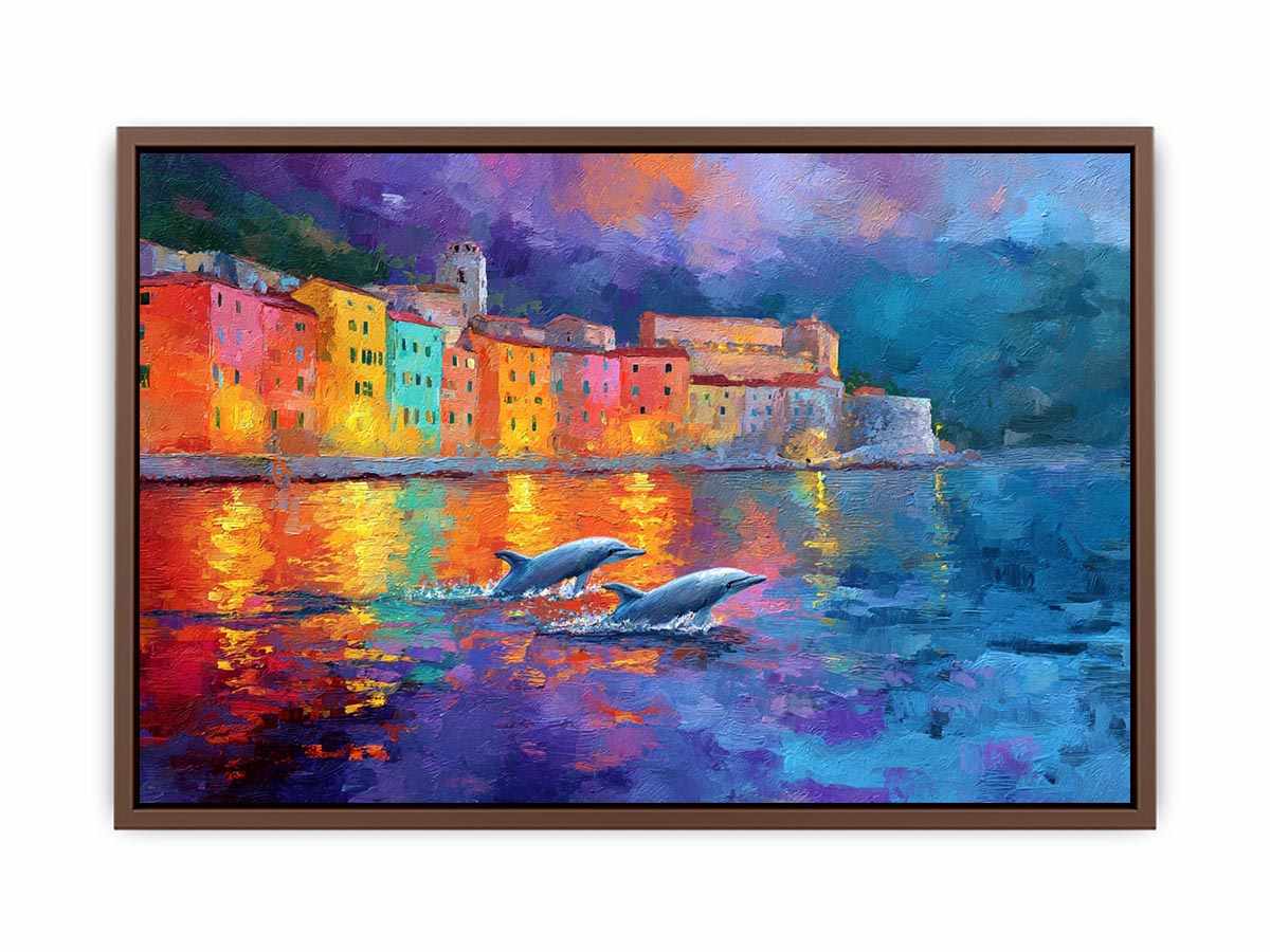 Colourful dolphin harbour canvas art with seaside reflections for coastal home decor.