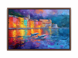 Colourful dolphin harbour canvas art with seaside reflections for coastal home decor.