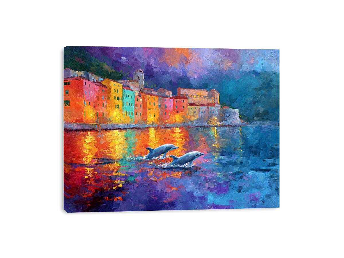 Colourful dolphin harbour canvas art with seaside reflections for coastal home decor.