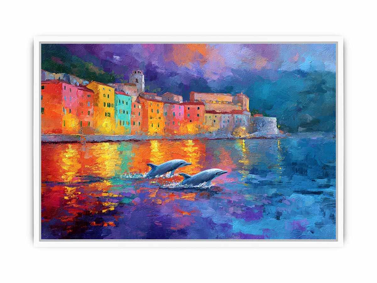 Colourful dolphin harbour canvas art with seaside reflections for coastal home decor.