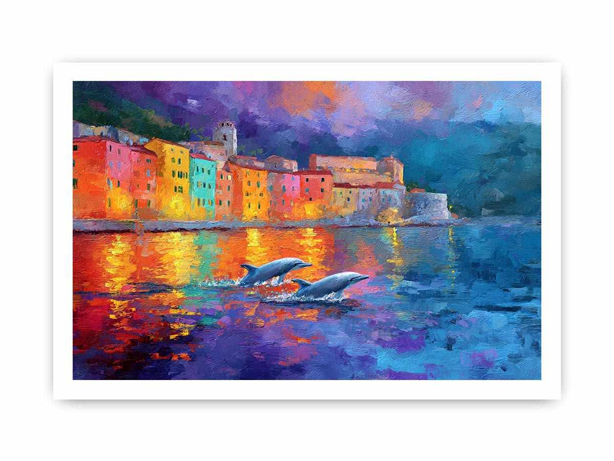 Colourful dolphin harbour canvas art with seaside reflections for coastal home decor.