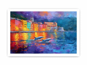 Colourful dolphin harbour canvas art with seaside reflections for coastal home decor.
