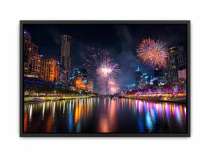 Fireworks over city skyline canvas art with river reflections for modern interiors.