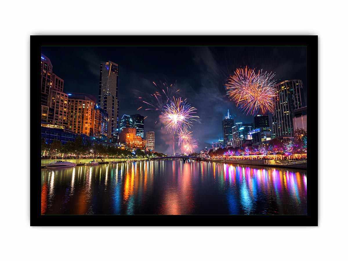 Fireworks over city skyline canvas art with river reflections for modern interiors.
