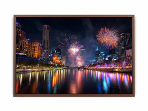 Fireworks over city skyline canvas art with river reflections for modern interiors.