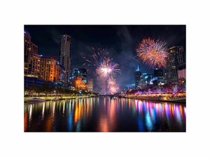 Fireworks over city skyline canvas art with river reflections for modern interiors.