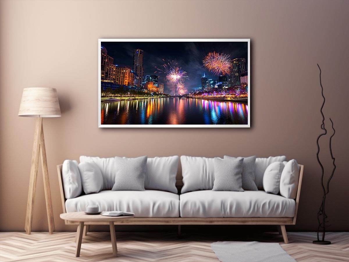 Fireworks over city skyline canvas art with river reflections for modern interiors.