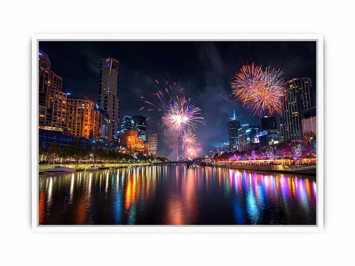 Fireworks over city skyline canvas art with river reflections for modern interiors.