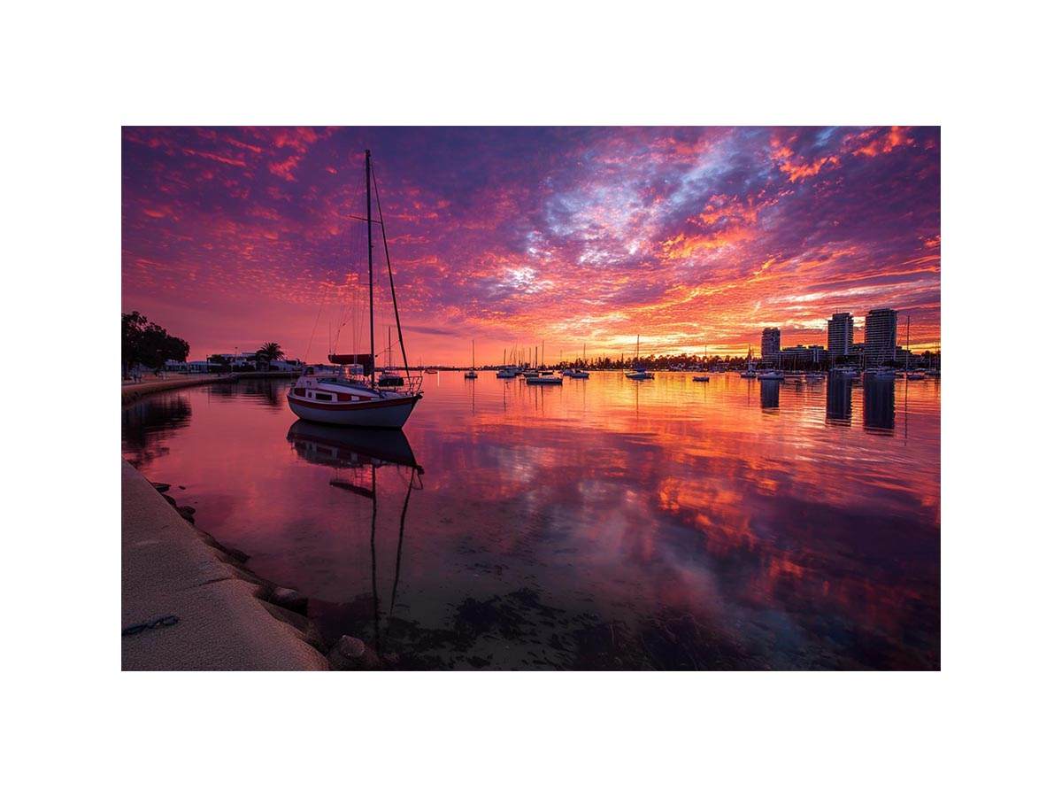 Marina sunset canvas art with sailboats and red sky for coastal living room decor.