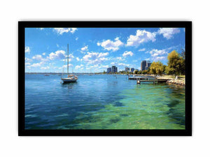 Blue coastal harbour canvas art with sailboats for airy modern home decor.
