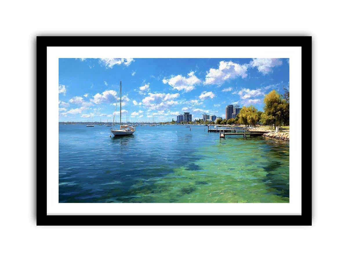 Blue coastal harbour canvas art with sailboats for airy modern home decor.