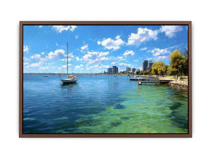 Blue coastal harbour canvas art with sailboats for airy modern home decor.