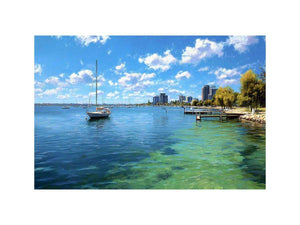 Blue coastal harbour canvas art with sailboats for airy modern home decor.