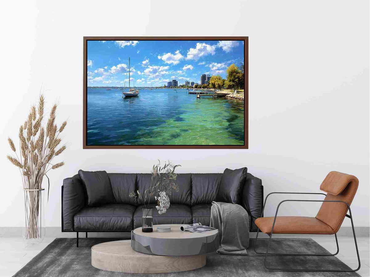 Blue coastal harbour canvas art with sailboats for airy modern home decor.