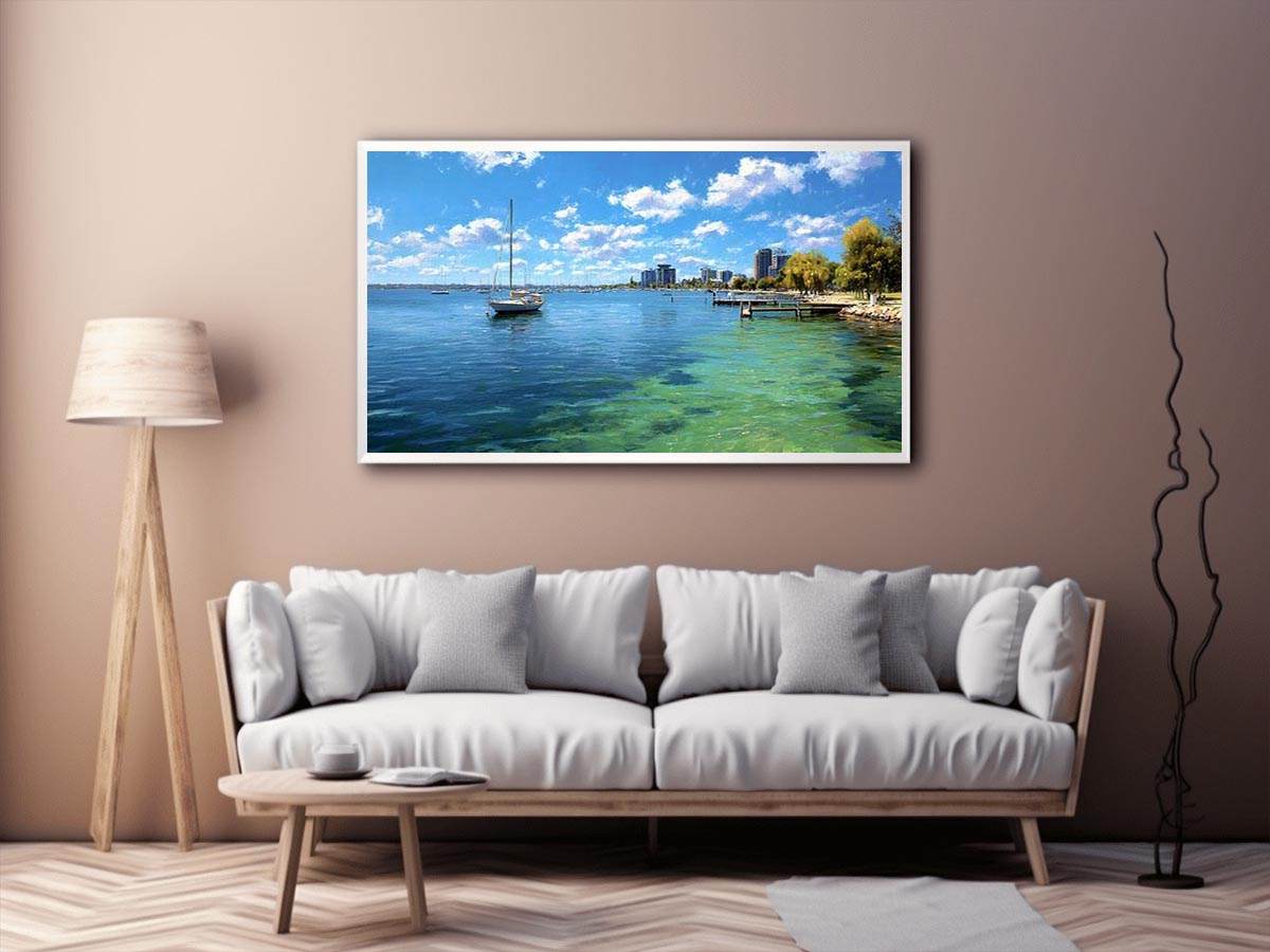 Blue coastal harbour canvas art with sailboats for airy modern home decor.