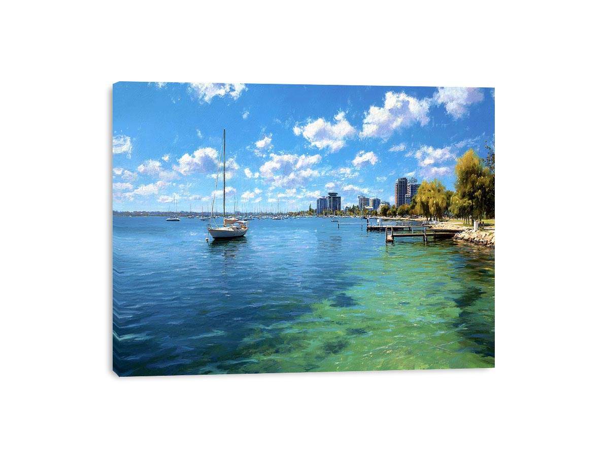Blue coastal harbour canvas art with sailboats for airy modern home decor.