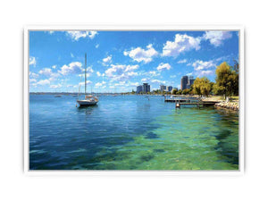 Blue coastal harbour canvas art with sailboats for airy modern home decor.