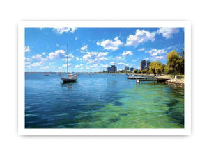 Blue coastal harbour canvas art with sailboats for airy modern home decor.