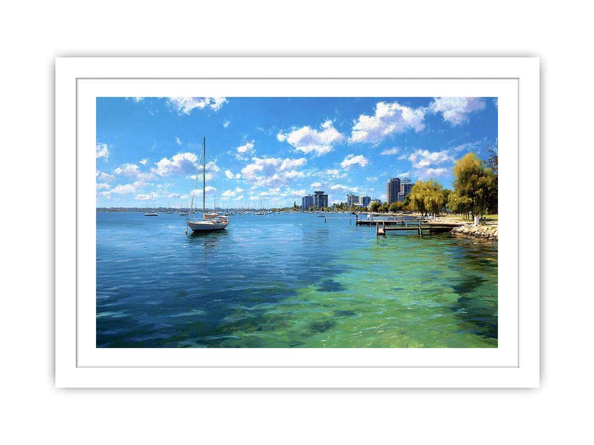 Blue coastal harbour canvas art with sailboats for airy modern home decor.