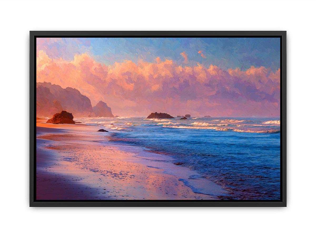 Pastel beach canvas art with ocean waves and glowing clouds for calm bedroom decor.