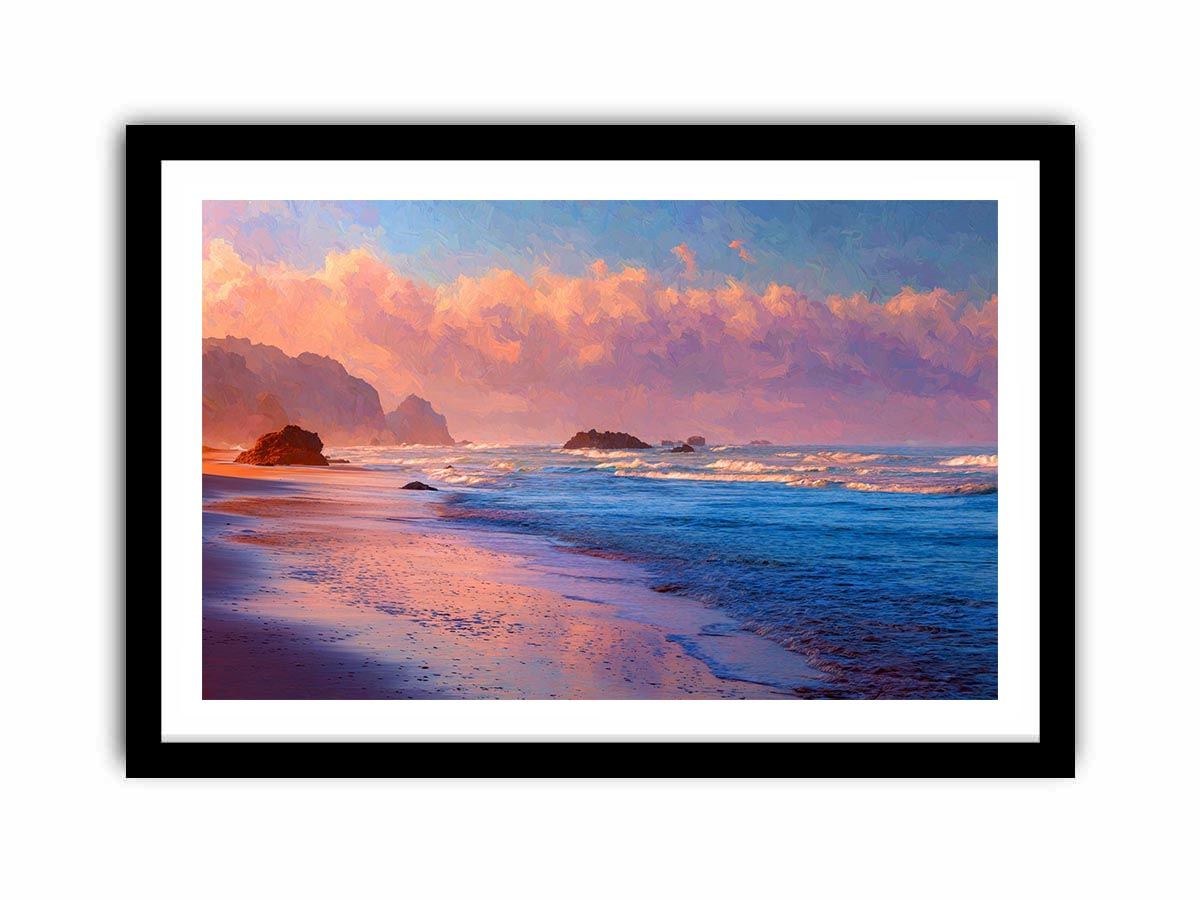Pastel beach canvas art with ocean waves and glowing clouds for calm bedroom decor.