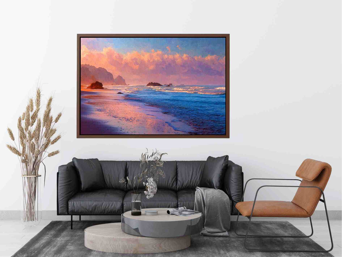 Pastel beach canvas art with ocean waves and glowing clouds for calm bedroom decor.