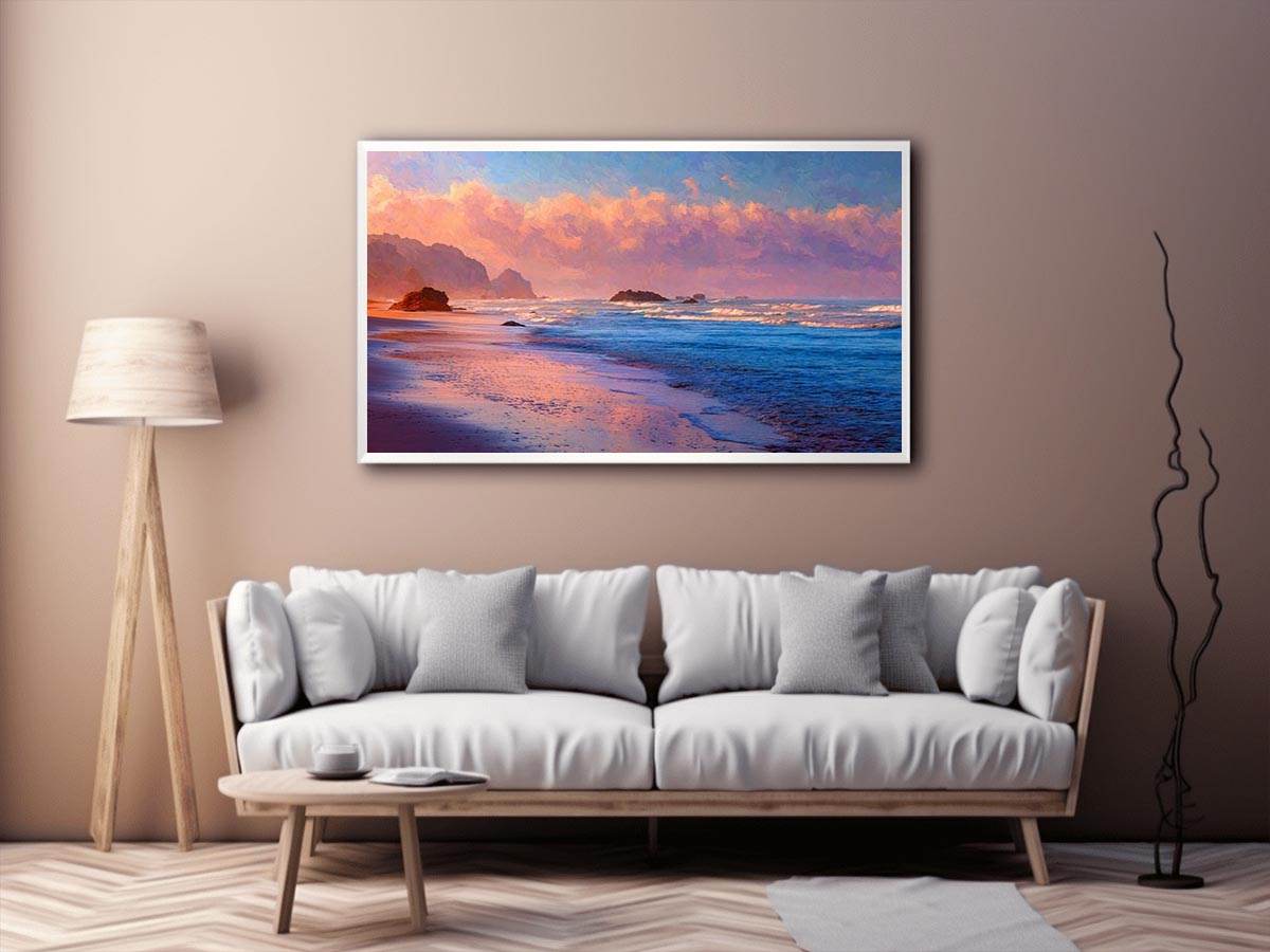 Pastel beach canvas art with ocean waves and glowing clouds for calm bedroom decor.