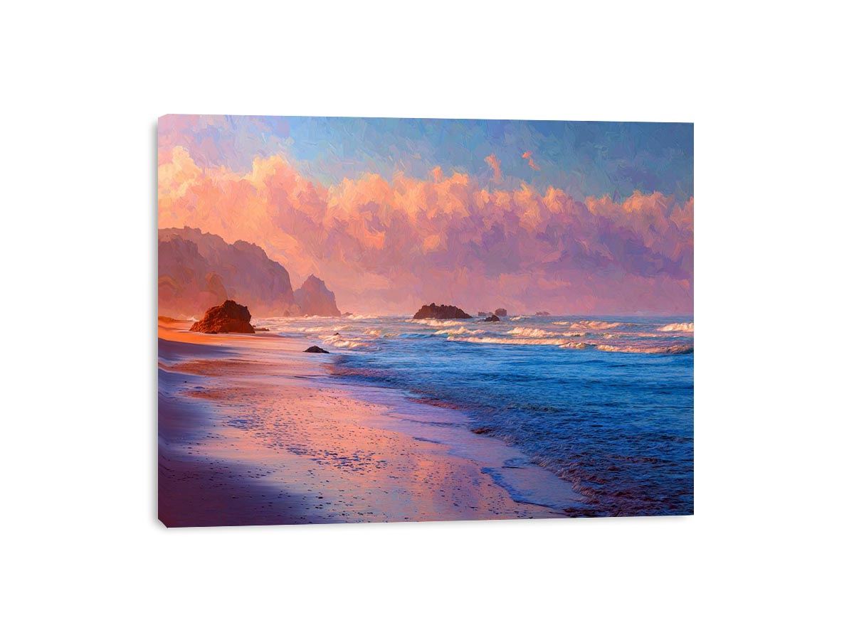Pastel beach canvas art with ocean waves and glowing clouds for calm bedroom decor.