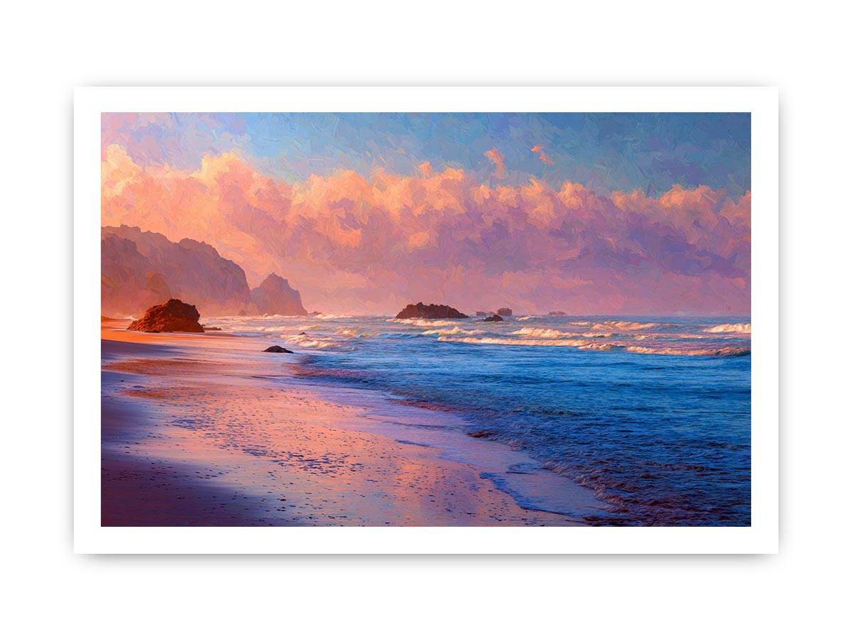 Pastel beach canvas art with ocean waves and glowing clouds for calm bedroom decor.