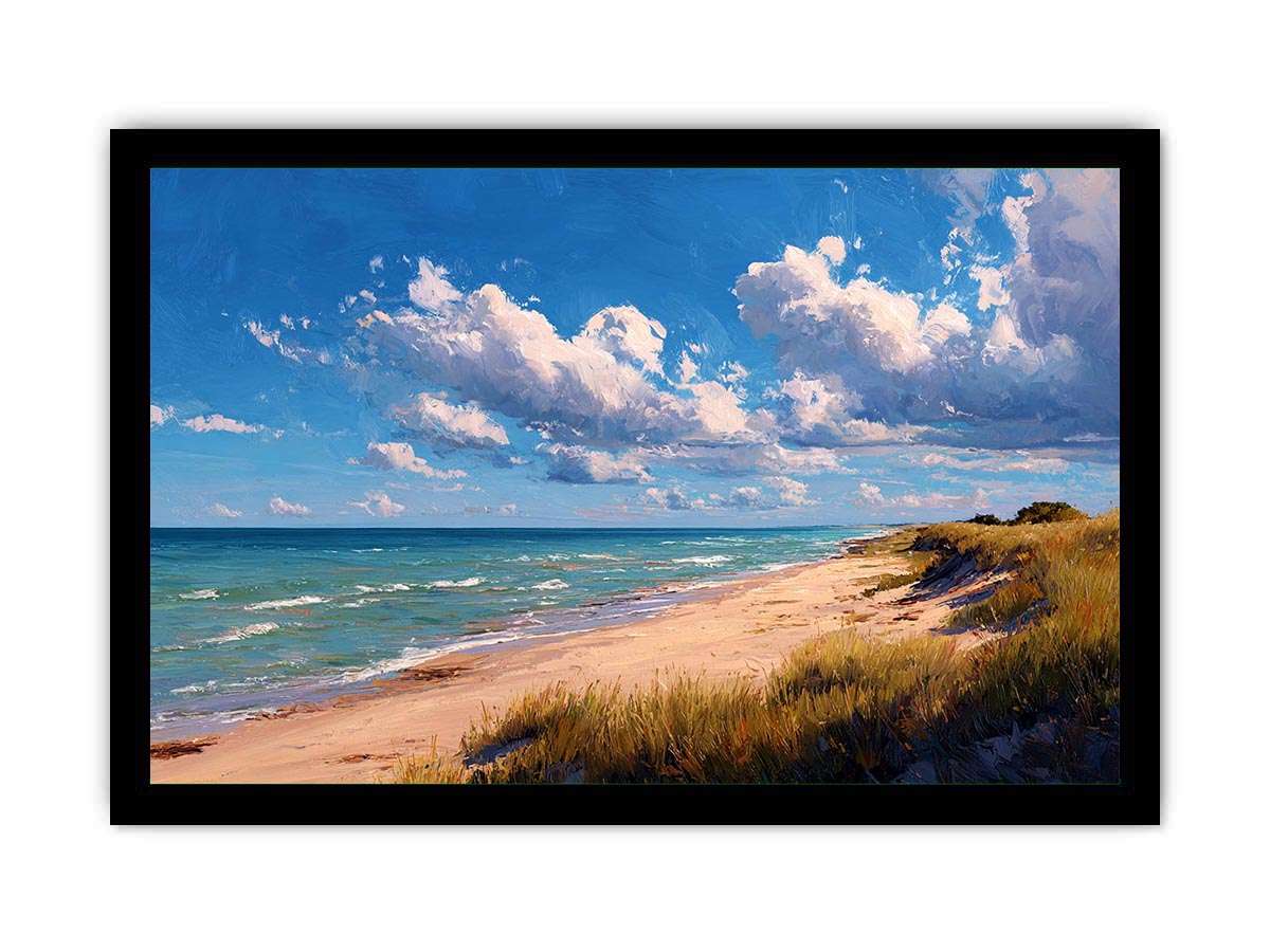 Coastal dune canvas art with beach grass and clouds for relaxed living room decor.