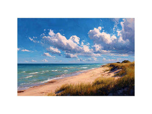 Coastal dune canvas art with beach grass and clouds for relaxed living room decor.